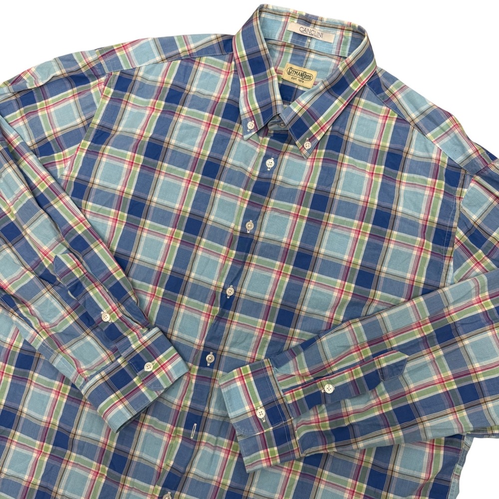 Gitman Bros Button Down Mens XXL Blue Plaid Canclini Cotton Vintage Made in USA